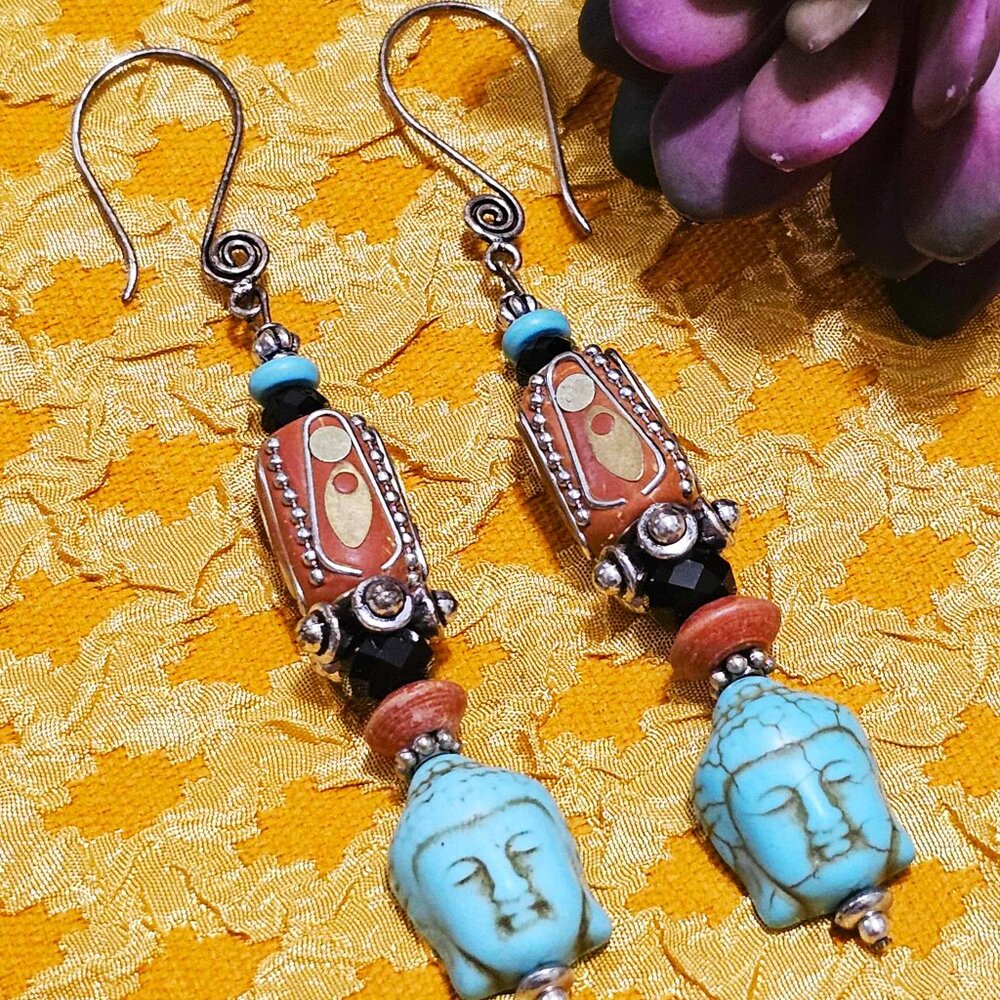 Artisan Hand Crafted Earrings Buddha Turquoise Russet Silver Black Beads Pierced - Picture 4 of 7